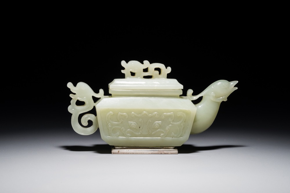 A Chinese silver-mounted jade 'dragon and phoenix' teapot, 19th C